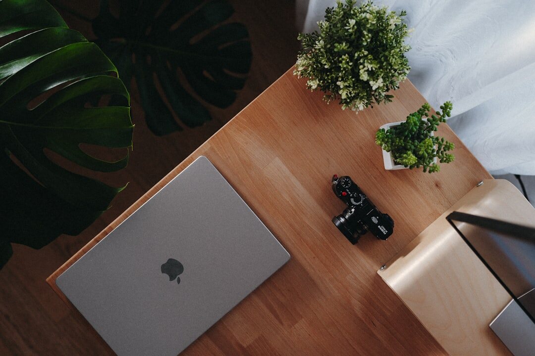 Overhead view of a minimalist desk with laptop, plant and notebook